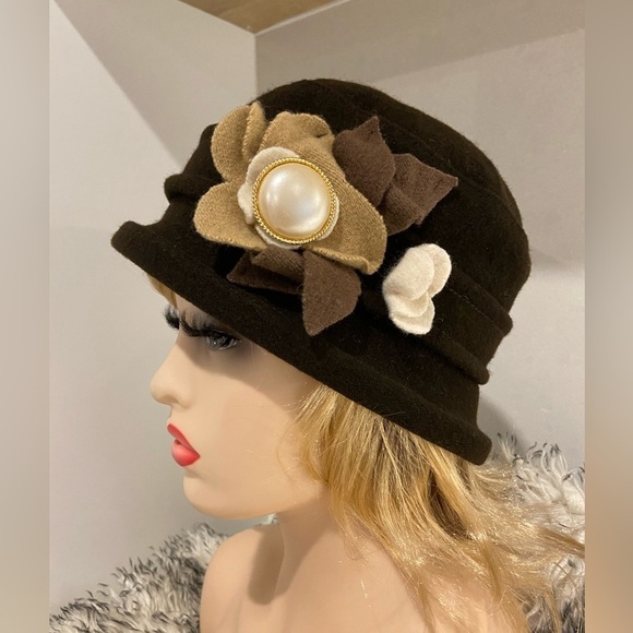 Chocolate Brown Wool Parkhurst Cloche Bucket Hat With L’Image Brooch - Picture 2 of 16